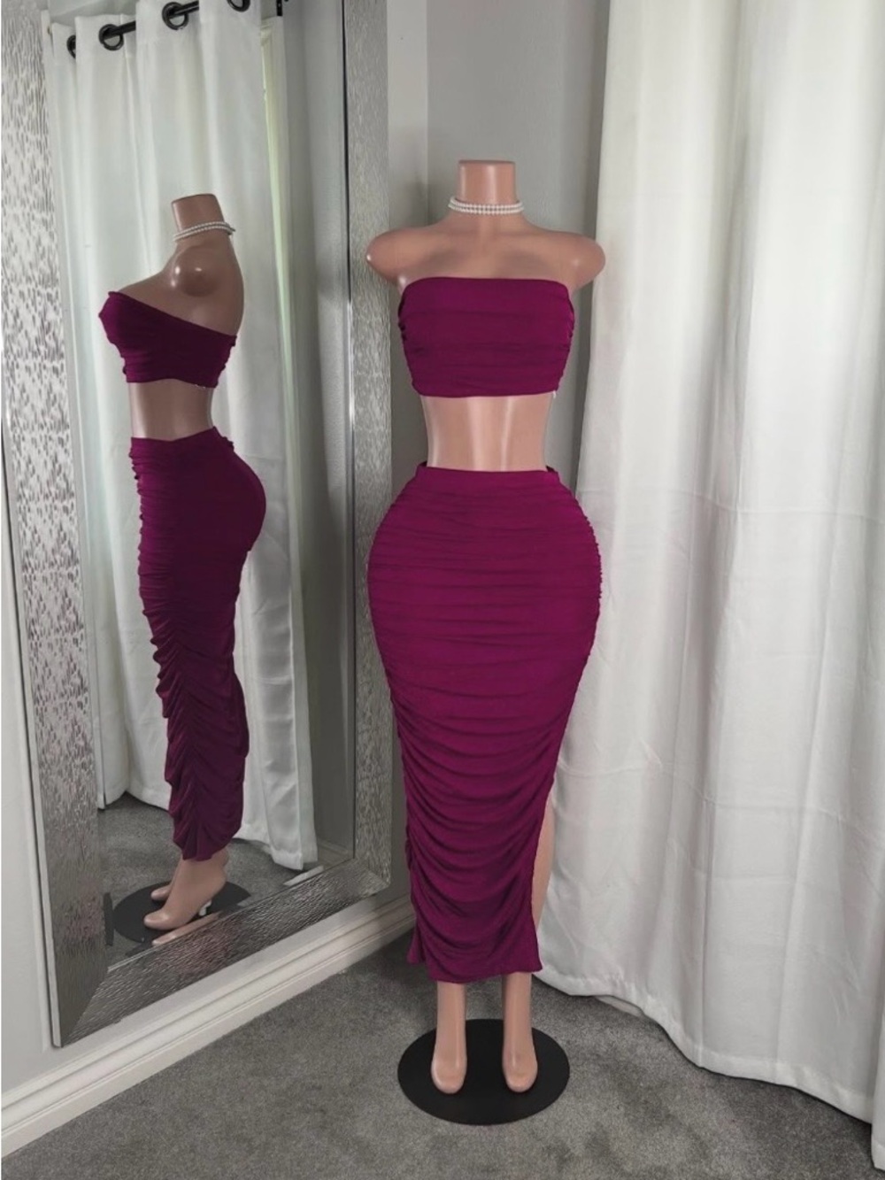Ruched Two-Piece Tube Top & Midi Skirt Set - Magenta